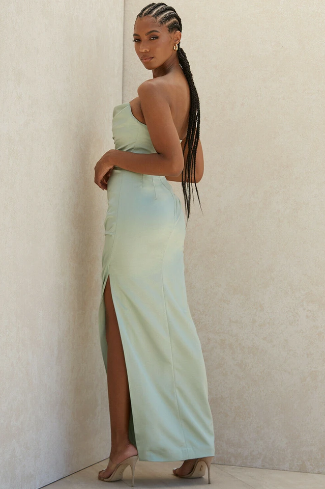 Satin Strapless High Slit Maxi Dress
