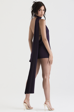 Black Backless Asymmetric Wrap Neck Mini Dress