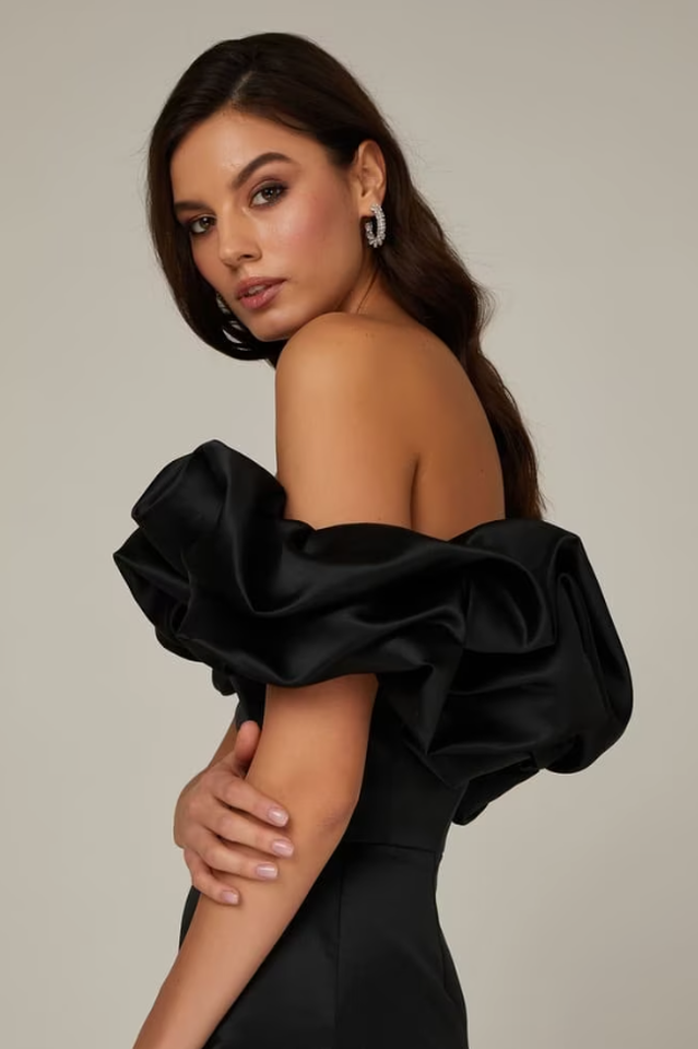 Ruffled Off Shoulder Satin Mini Dress