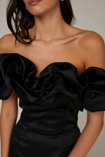 Ruffled Off Shoulder Satin Mini Dress