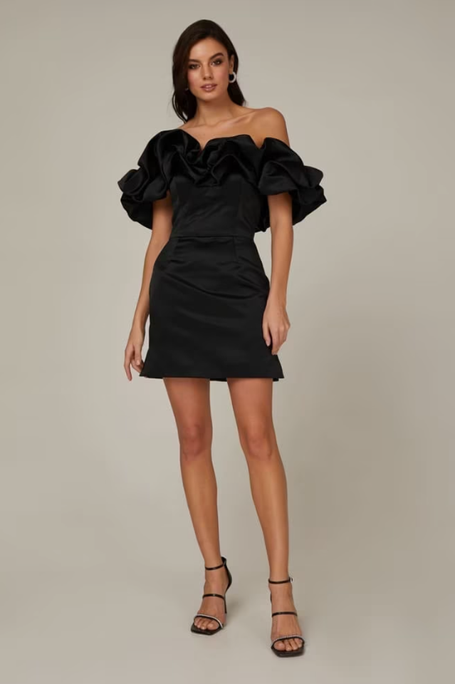 Ruffled Off Shoulder Satin Mini Dress