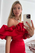 Ruffled Off Shoulder Satin Mini Dress