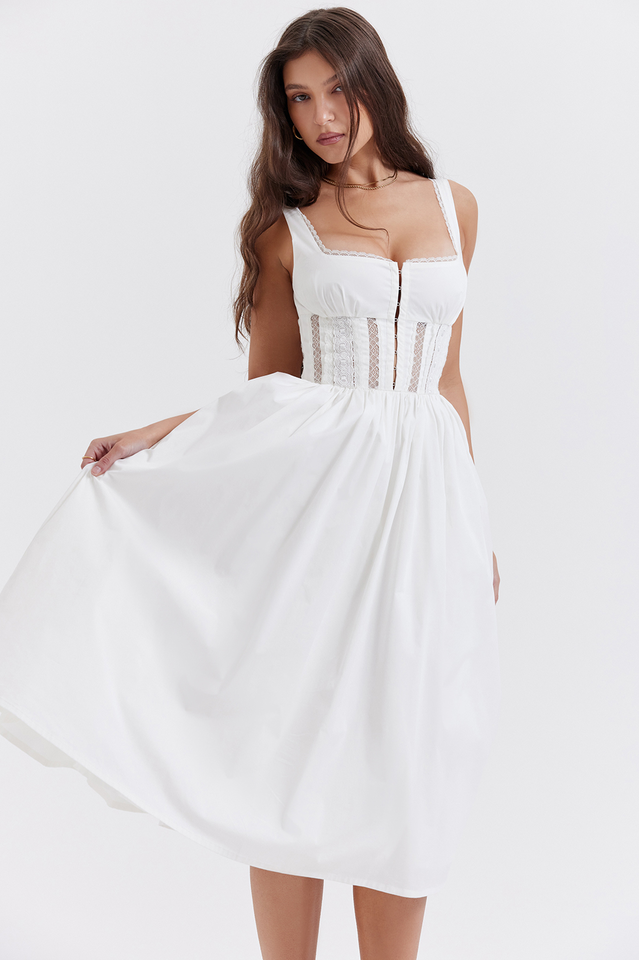 White Lace Trim Pleated Waist Midi Dress