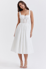 White Lace Trim Pleated Waist Midi Dress