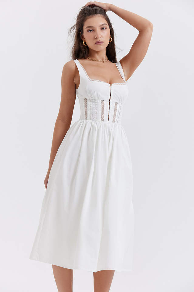 White Lace Trim Pleated Waist Midi Dress