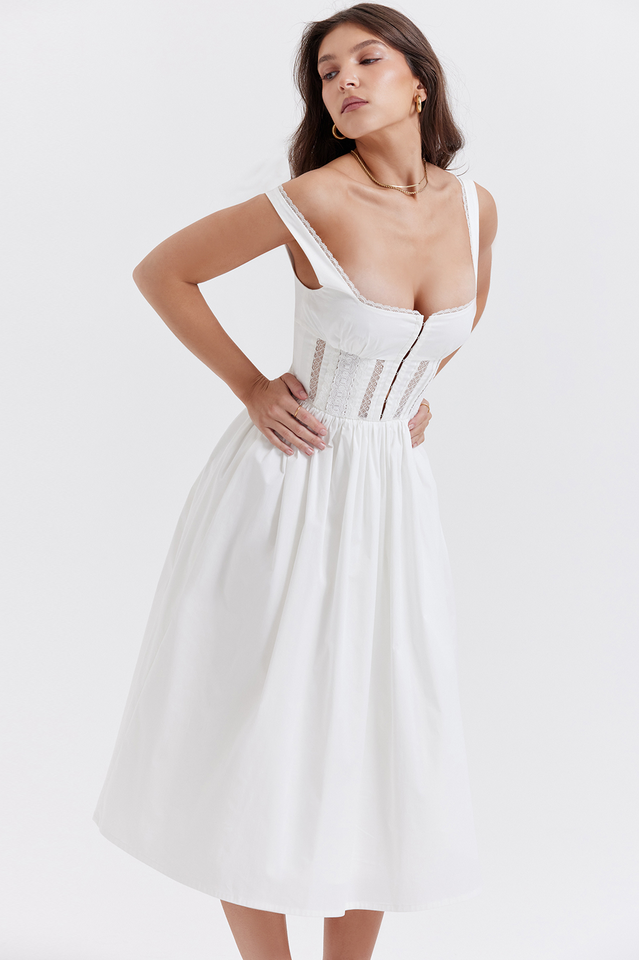 White Lace Trim Pleated Waist Midi Dress