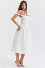 White Lace Trim Pleated Waist Midi Dress