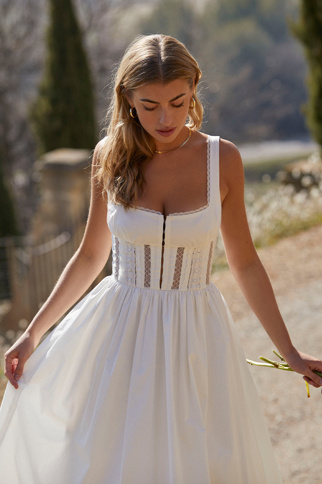 White Lace Trim Pleated Waist Midi Dress