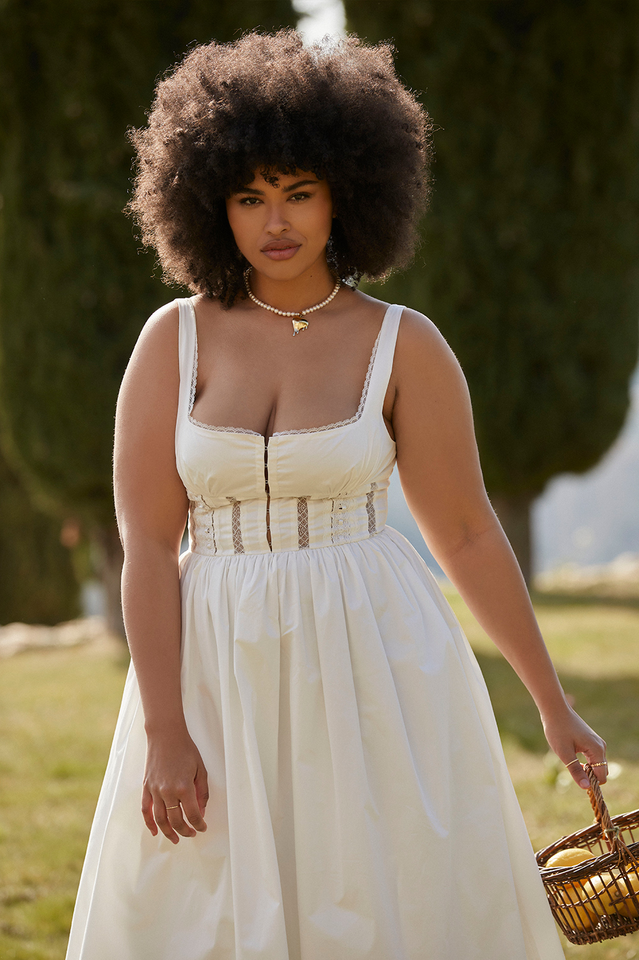 White Lace Trim Pleated Waist Midi Dress