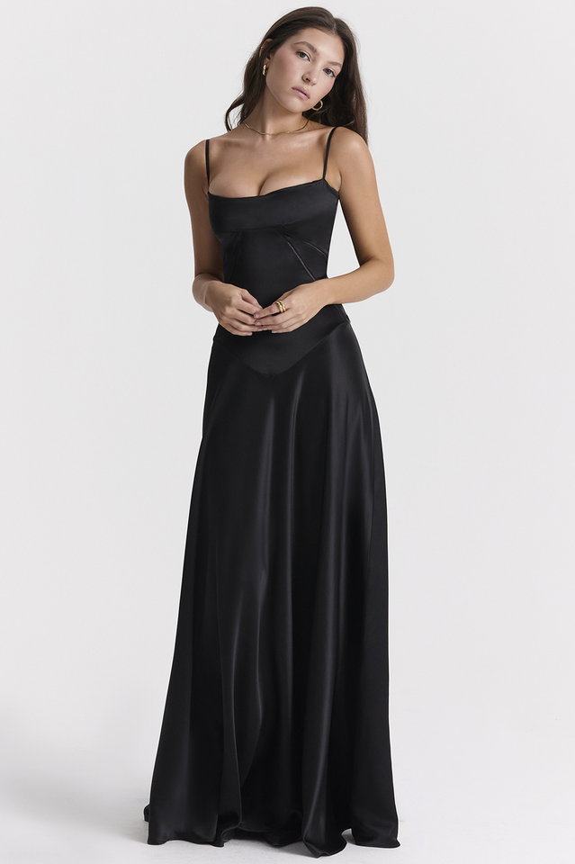 Elegant Satin Lace Up Back Maxi Dress