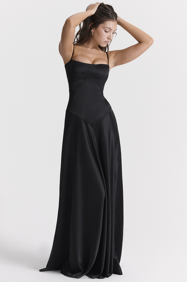Elegant Satin Lace Up Back Maxi Dress