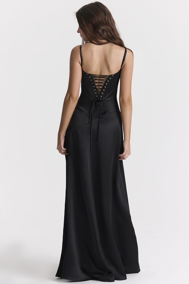 Elegant Satin Lace Up Back Maxi Dress
