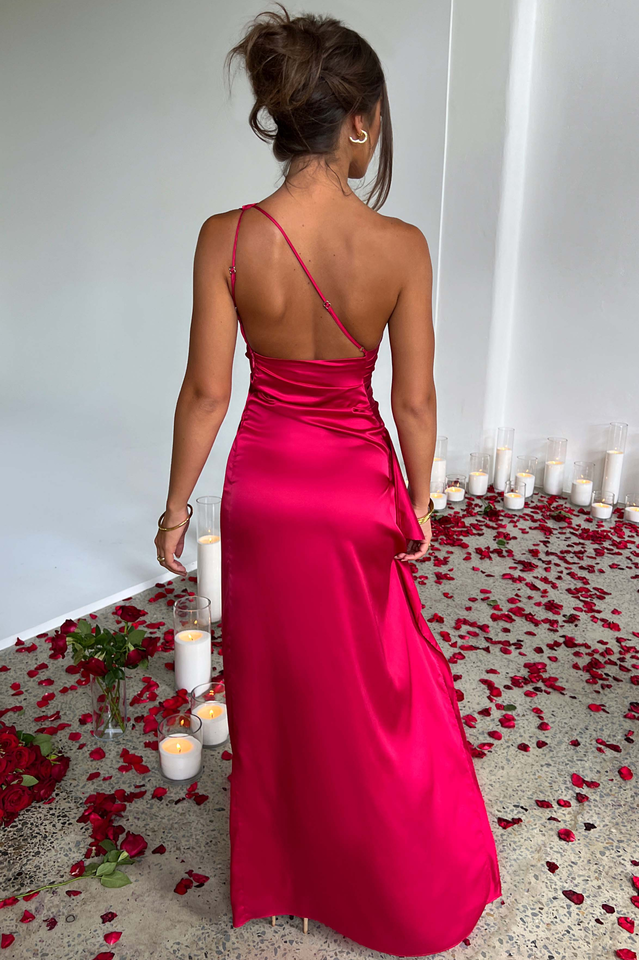 One Shoulder Satin High Slit Maxi Dress