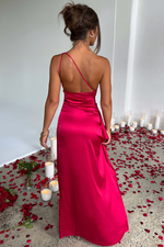One Shoulder Satin High Slit Maxi Dress