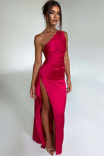 One Shoulder Satin High Slit Maxi Dress