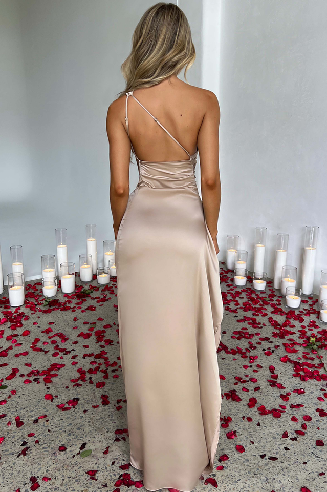 One Shoulder Satin High Slit Maxi Dress