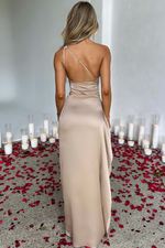 One Shoulder Satin High Slit Maxi Dress