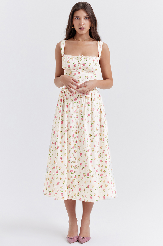 White Rose Print Midi Sundress