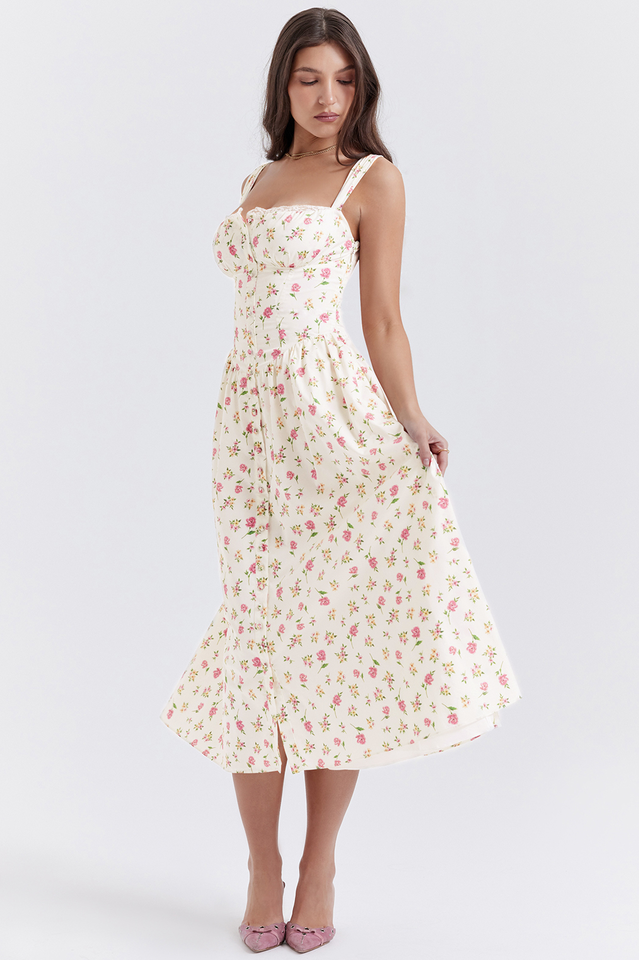 White Rose Print Midi Sundress