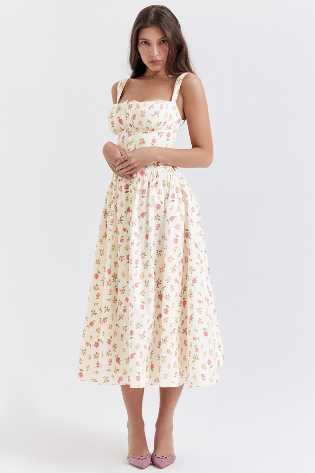 White Rose Print Midi Sundress