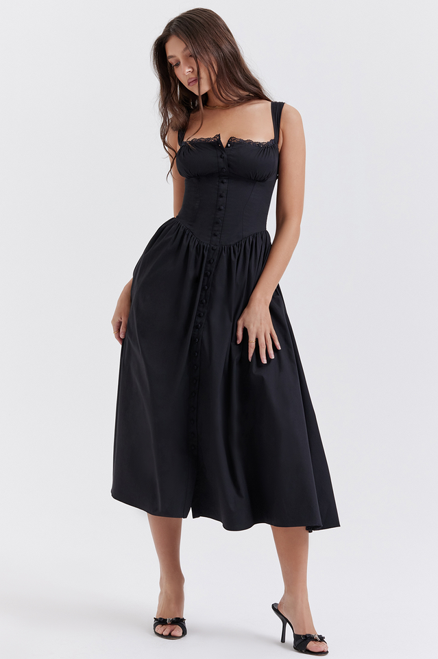 Black Button Down Slip Midi Sundress