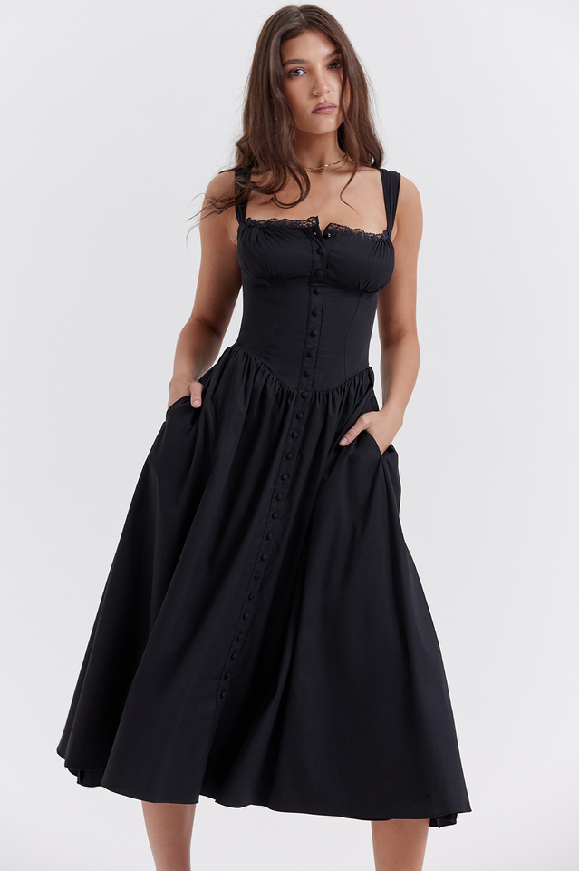 Black Button Down Slip Midi Sundress