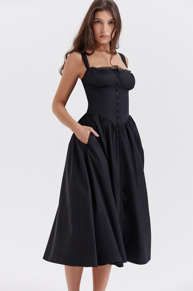 Black Button Down Slip Midi Sundress