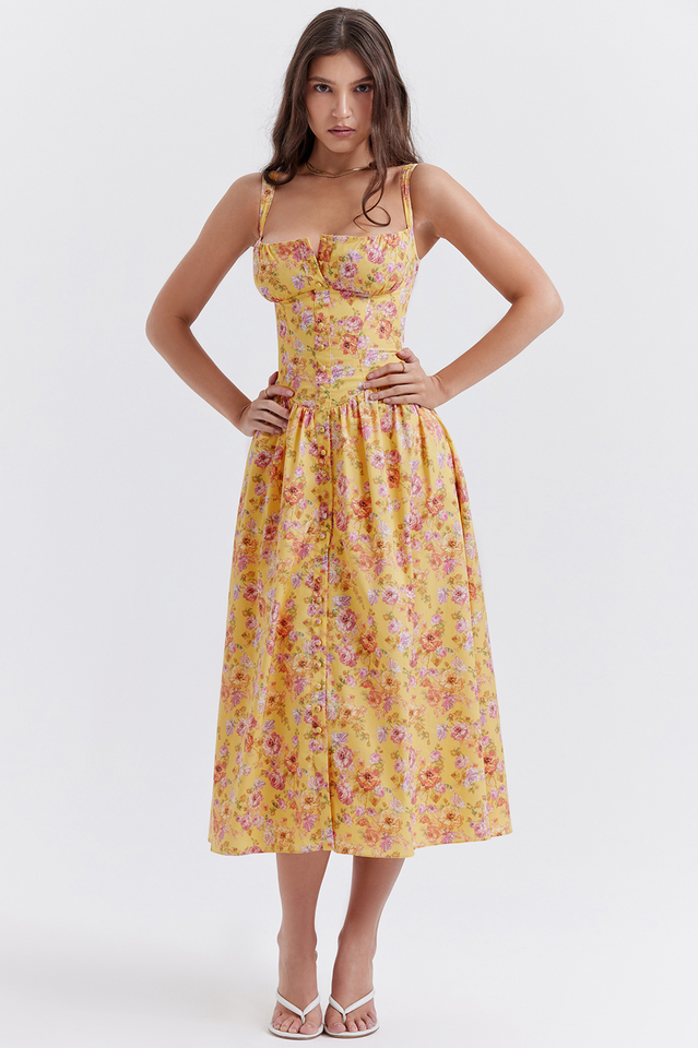Yellow Floral Slip Midi Dress