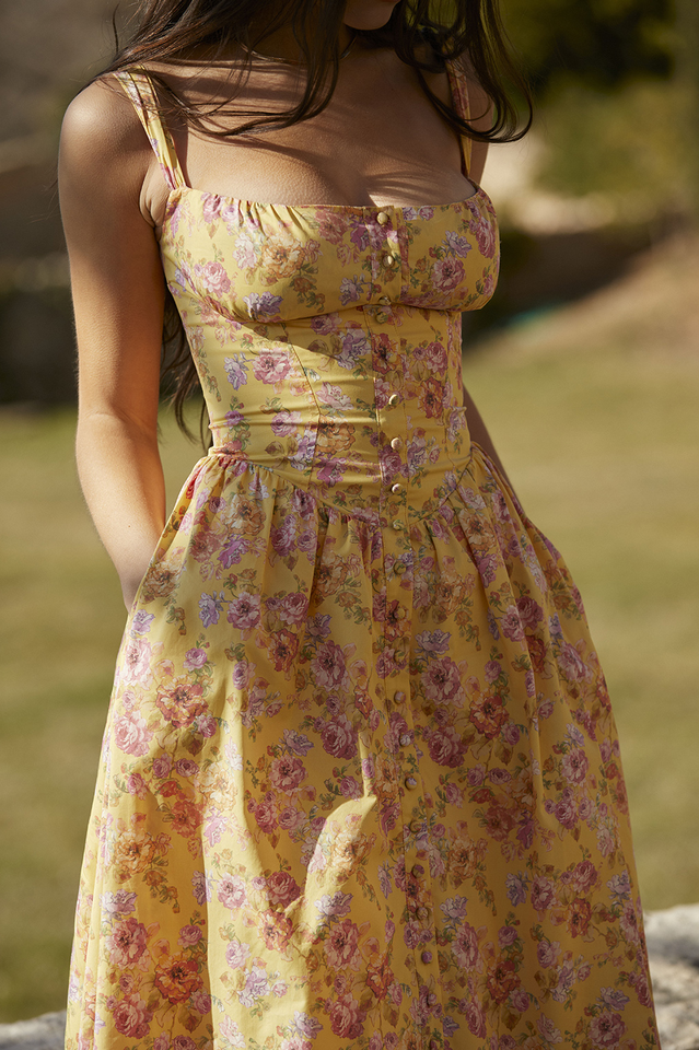 Yellow Floral Slip Midi Dress