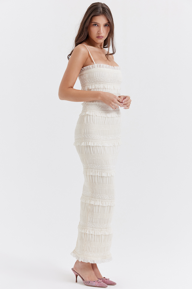 Ivory Pleated Slim Fit Maxi Dress