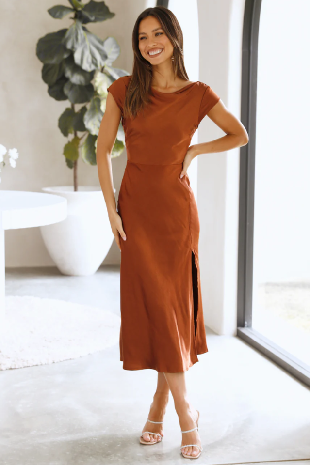 Satin Open Back Side Slit Midi Dress