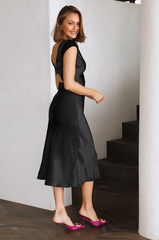 Satin Open Back Side Slit Midi Dress