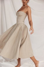 Taupe Pleated Waist Midi Sun Dress