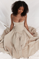 Taupe Pleated Waist Midi Sun Dress