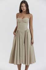Taupe Pleated Waist Midi Sun Dress