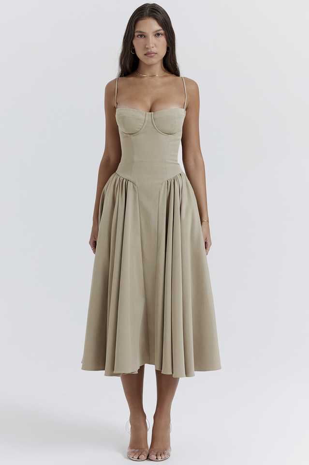 Taupe Pleated Waist Midi Sun Dress