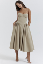 Taupe Pleated Waist Midi Sun Dress