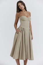 Taupe Pleated Waist Midi Sun Dress