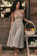 Taupe Pleated Waist Midi Sun Dress