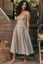 Taupe Pleated Waist Midi Sun Dress