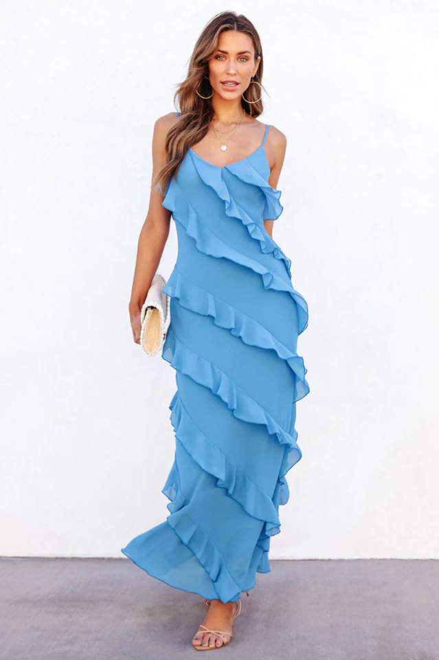 Solid Ruffle Open Back Maxi Dress