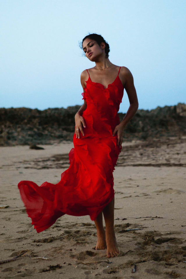 Solid Ruffle Open Back Maxi Dress