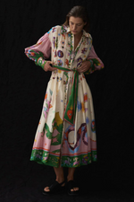Beige Floral Button Down Shirt Midi Dress