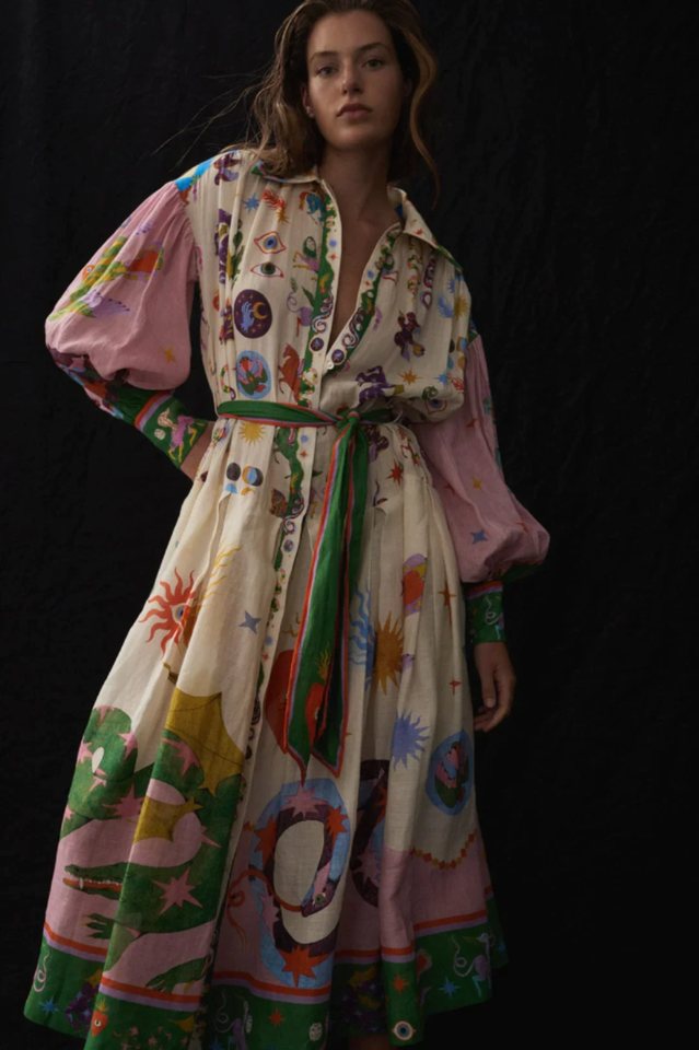Beige Floral Button Down Shirt Midi Dress