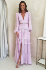Glam Long Sleeve Ruffle Trim Maxi Dress