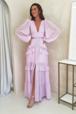 Glam Long Sleeve Ruffle Trim Maxi Dress