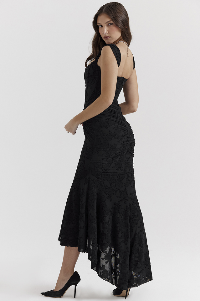 Retro Textured Surface Ruched Maxi Dress