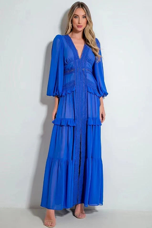 Glam Long Sleeve Ruffle Trim Maxi Dress