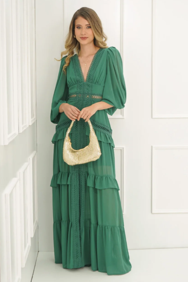 Glam Long Sleeve Ruffle Trim Maxi Dress