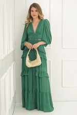 Glam Long Sleeve Ruffle Trim Maxi Dress